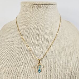 Vintage Angel Pendant Blue Aquamarine Clear Rhinestone Gold Tone Chain Necklace
